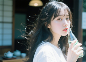 面朝镜头喝水的亚洲美女图片